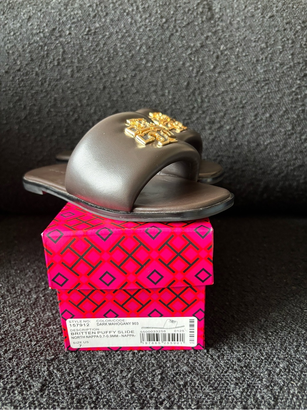 Tory Burch Dark Mahogany Britten Puffy Slide with Gold Emblem